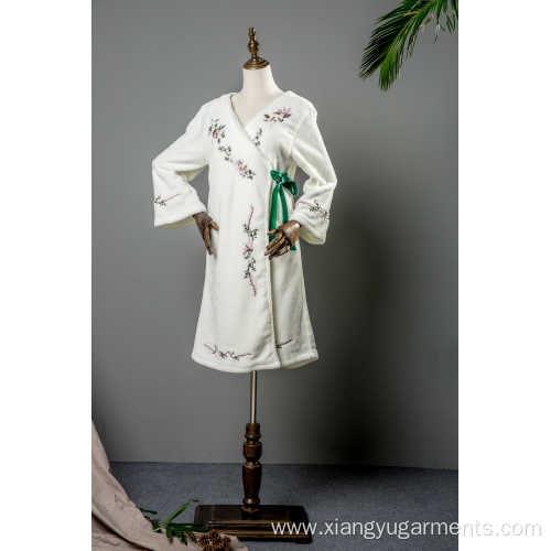 White coral fleece with full embroidery long robe